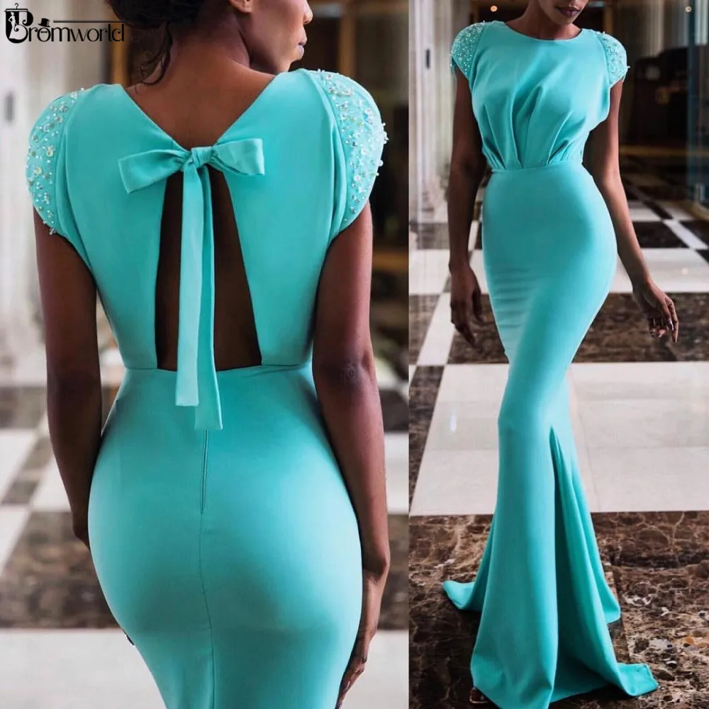 

Abiye Gece Elbisesi Mint Mermaid Evening Dress Party Cap Sleeves Beaded Open Back Sexy Formal Evening Prom Abendkleider 2022