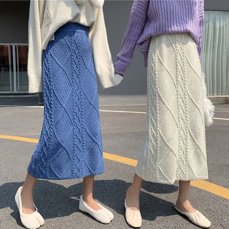 Длина до колена с вязаная юбка Женский осень зима теплая Корейская шик в