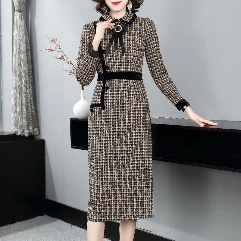 

Fall New Style Bowknot Beaded Long-Sleeved Houndstooth Woolen Long-Sleeved Slim Temperament Dress High-Quality Women'S Clothing