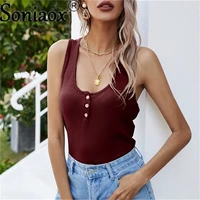 2021 summer women solid color breasted half cardigan jersey knitted vest sleeveless ladies fashion casual street t shirts tops