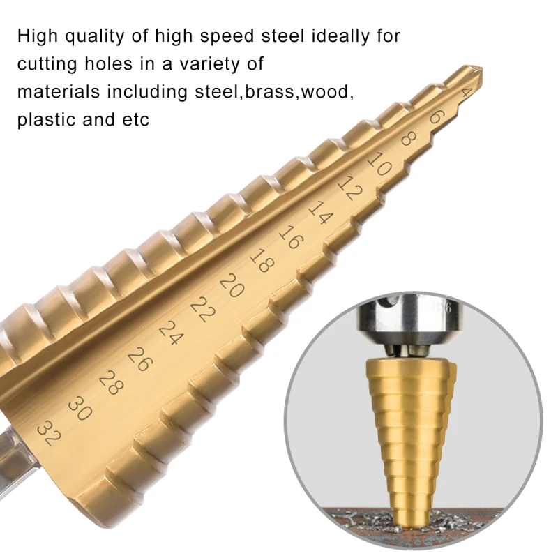 Metal Drills HSS Straight Groove Step Drill Bit Cone Titanium Coated Wood Cutter Woodworking Tools 3-12mm 4-12mm 4-20mm 4-32mm |