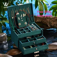 we three layers portable flannel green jewelry box lock organizer storage earring necklace display organizer for women gifts