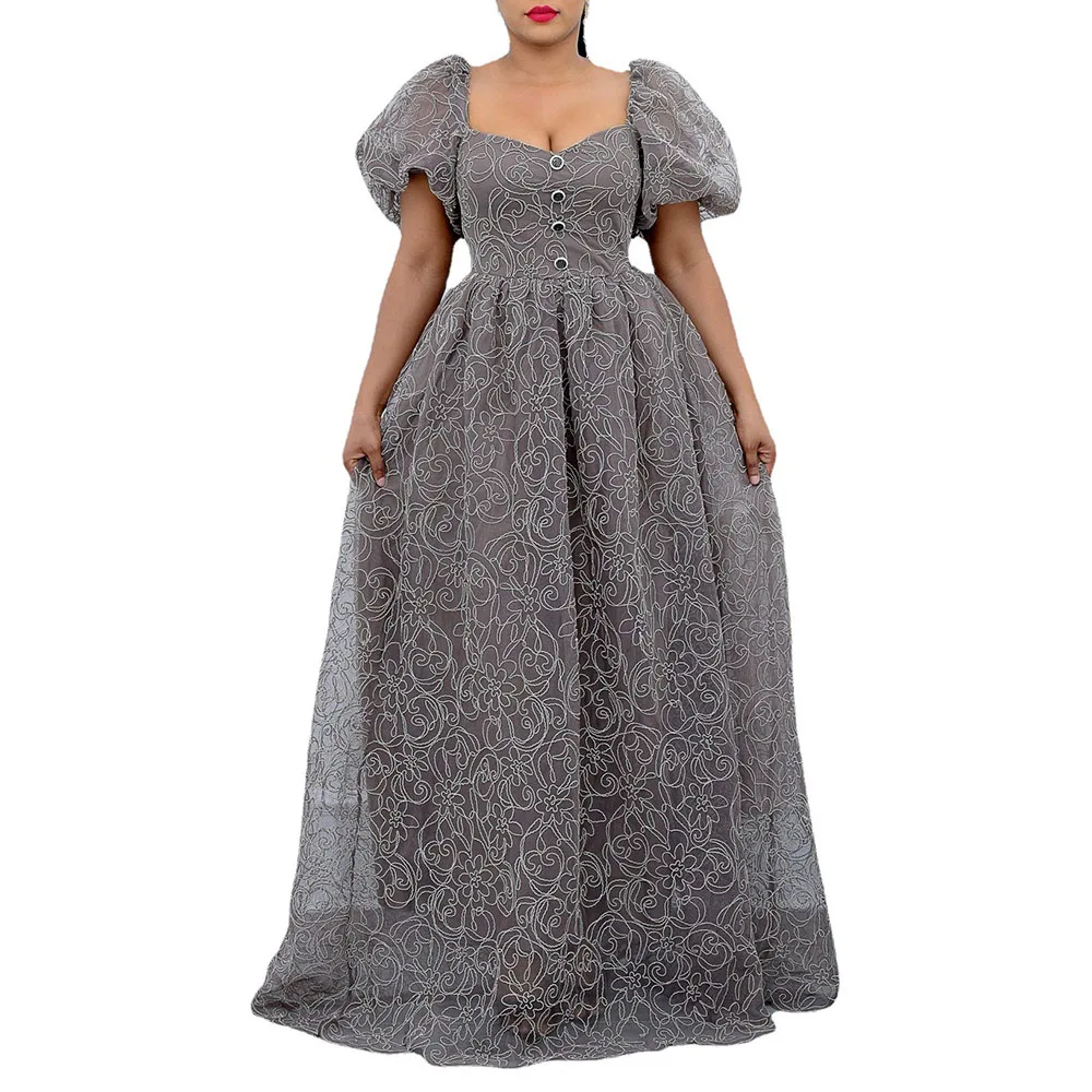 

2021 New Fashion Trend Solid Color Square Collar High Waist Puff Sleeve Women's Dress Western Style Lace Sexy Perspective