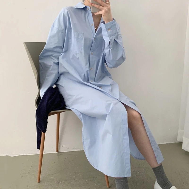 

Solid Blue Turn-down Collar Elegant Spring Woman Dresses Party Fall Long Sleeve High Waist Vintage Women Shirt Dress 2022 A-Line