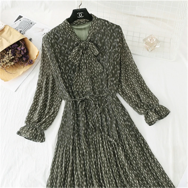 Женское винтажное платье в горошек элегантное шифоновое Плиссированное