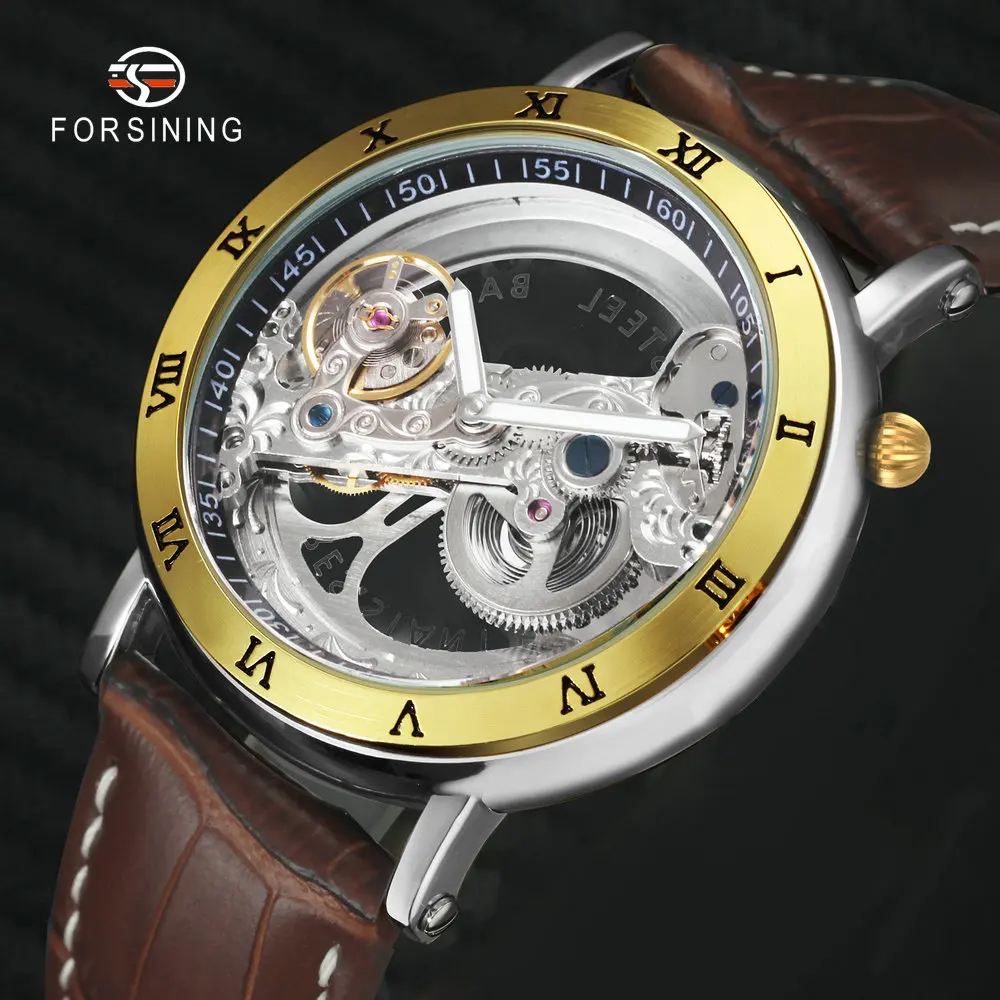 FORSINING Королевский мужской золотой мост Авто механические часы Японский резной
