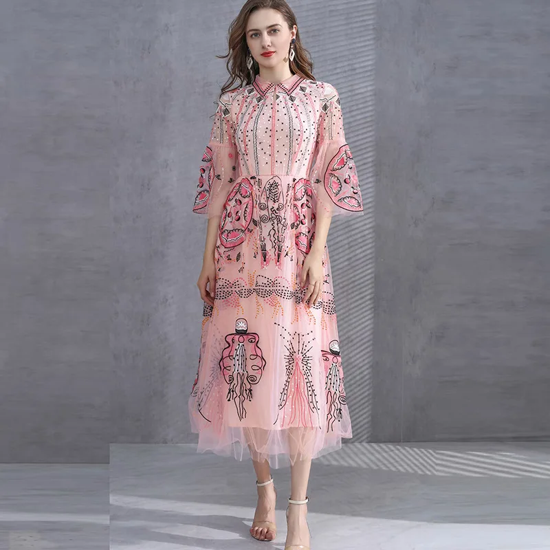 

Pink Mesh Floral Summer Girls Dresses Women Long Casual Sexy Office Work Robe Femme Bohemian Dress Plus Size A Line