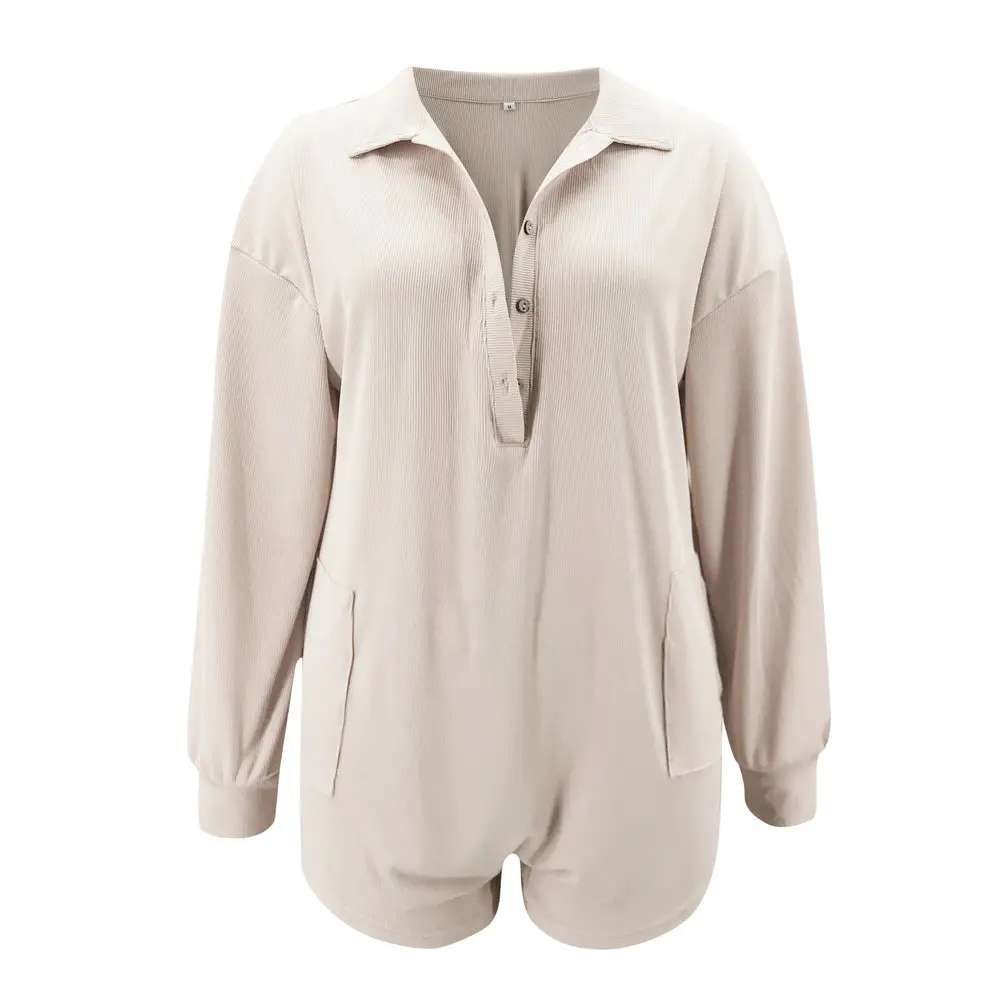 

Women's Baggy Playsuits Deep V Neck Button Long Sleeve Solid Color Loose Jumpsuits with Pockets Female Casual Knitted Rompers