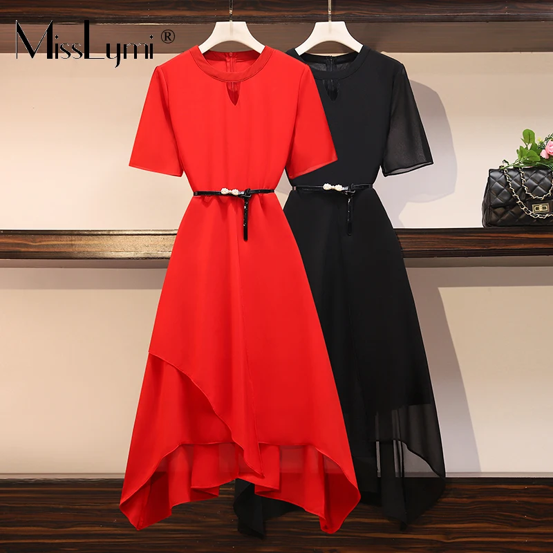 

MissLymi L-5XL Plus Size Women Asymmetry Chiffon Long Dress Summer 2021 Korean Style Loose V-neck Short Sleeve Dress Female Belt