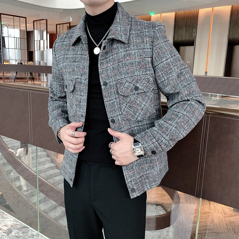 

Plaid Classic Elegant Jackets For Mens Slim Fit Check Dark Grey Bomber Winter Mens Clothing Large Size Stylish Vintage Coats Men