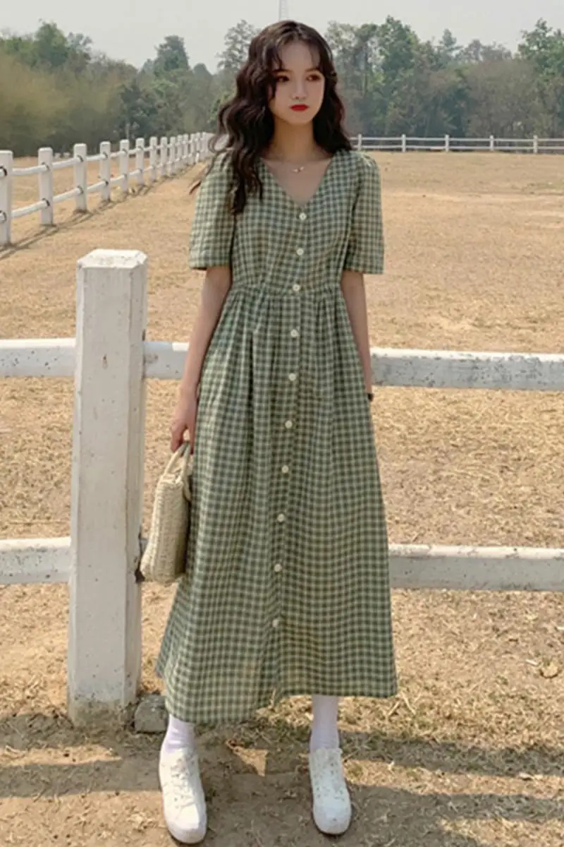 

Newly Added Summer Girl Cartoon Pink Green V-neck Dresses School Uniform Girls Preppy Cute Lattice Short Sleeve Casual Dress 4XL