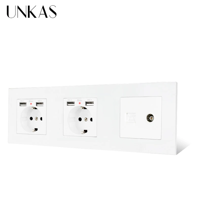 UNKAS Европейская стандартная черная пластиковая двойная розетка с 4 USB портами для