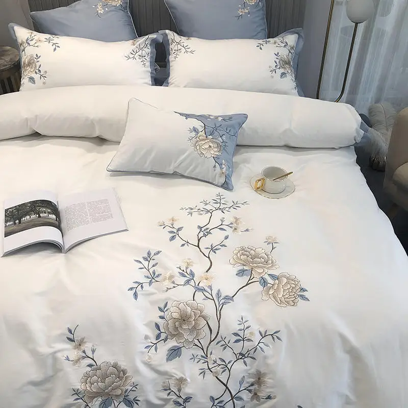 Комплект постельного белья с вышитыми цветами пиона пододеяльник длинными