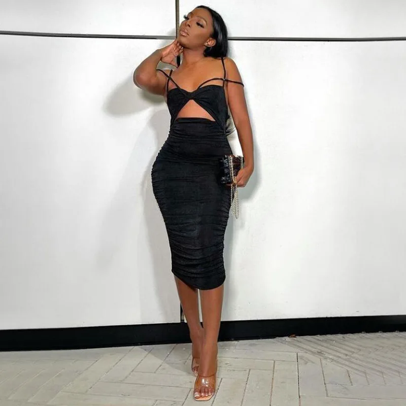 

SKMY Summer Sling Black Dress Elegant High Waist Sexy Party Clubwear Women Clothing Solid Color Spaghetti Strap Dress Hollow Out
