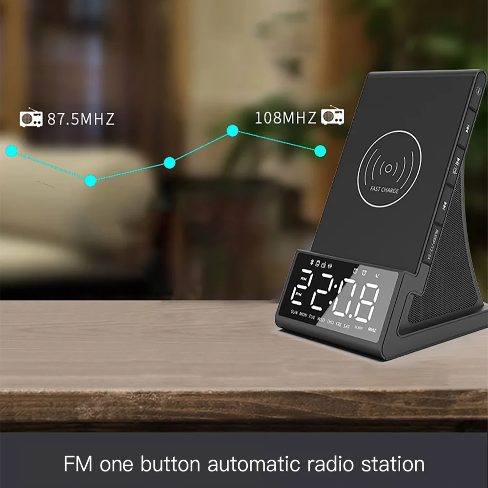 

Alarm Clock Bluetooth Speaker Radio Station Digital LED Multifunction Electronic Desktop Table Creativity Wireless Phone Charger