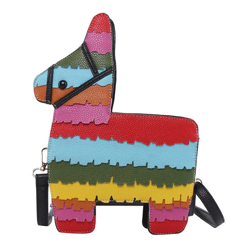 

New creative color contrast cute cartoon rainbow color splicing Pu pony Messenger Bag Shoulder Bag