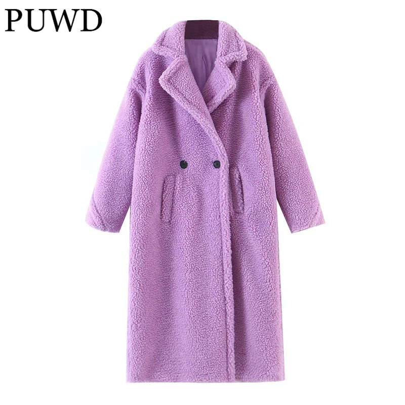 

PUWD Casual Women V Neck Lamb Wool Long Coat 2021 Winter Fashion Ladies Solid Color Button Loose Jacket Female Chic Warm Outwear