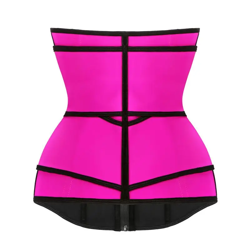 Fashion Pink Black Double Compression Belt And Zipper Women Workout 9 Bones Slimming Tummy Latex Waist Trainer Cincher Corset