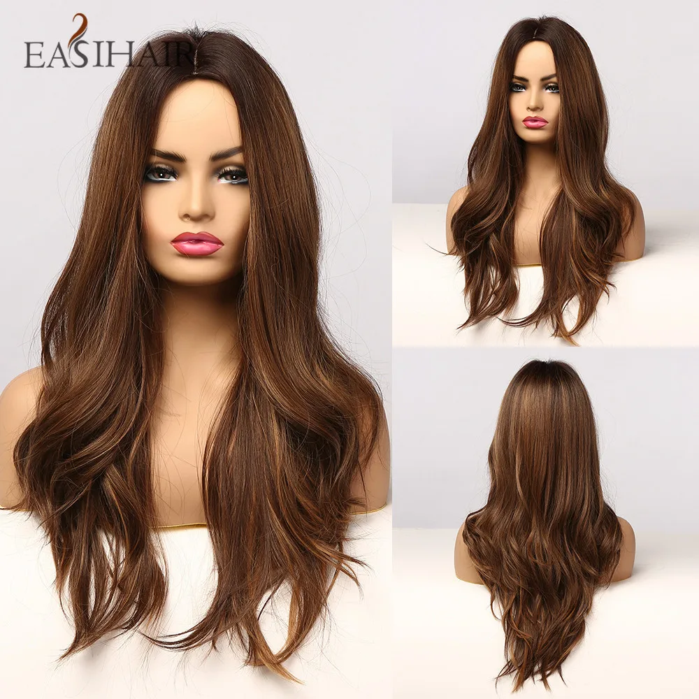 

EASIHAIR длинные черные и коричневые Омбре синтетические волосы парики для женщин натуральные волосы волнистые термостойкие косплей парики