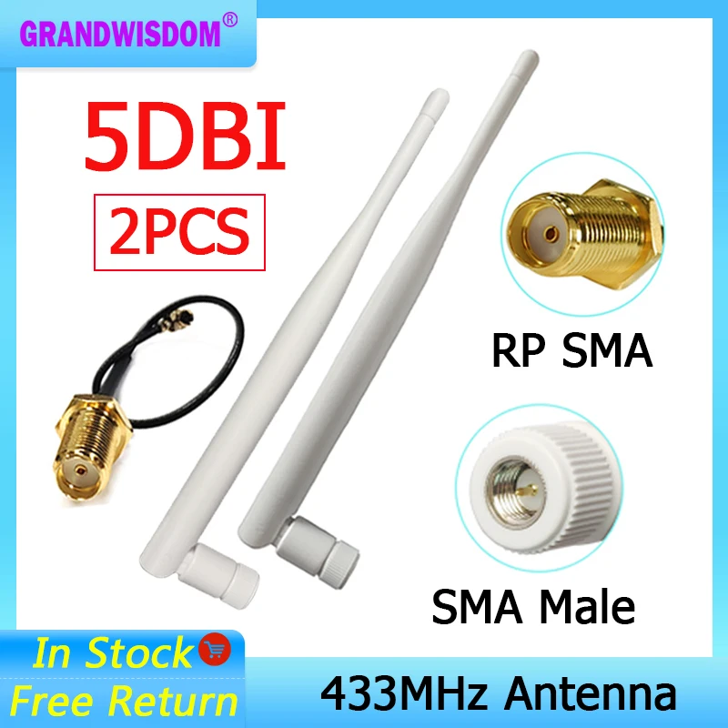

GRANDWISDOM 2pcs 433mhz antenna 5dbi sma male lora antene iot module lorawan antene ipex 1 SMA female pigtail Extension Cable