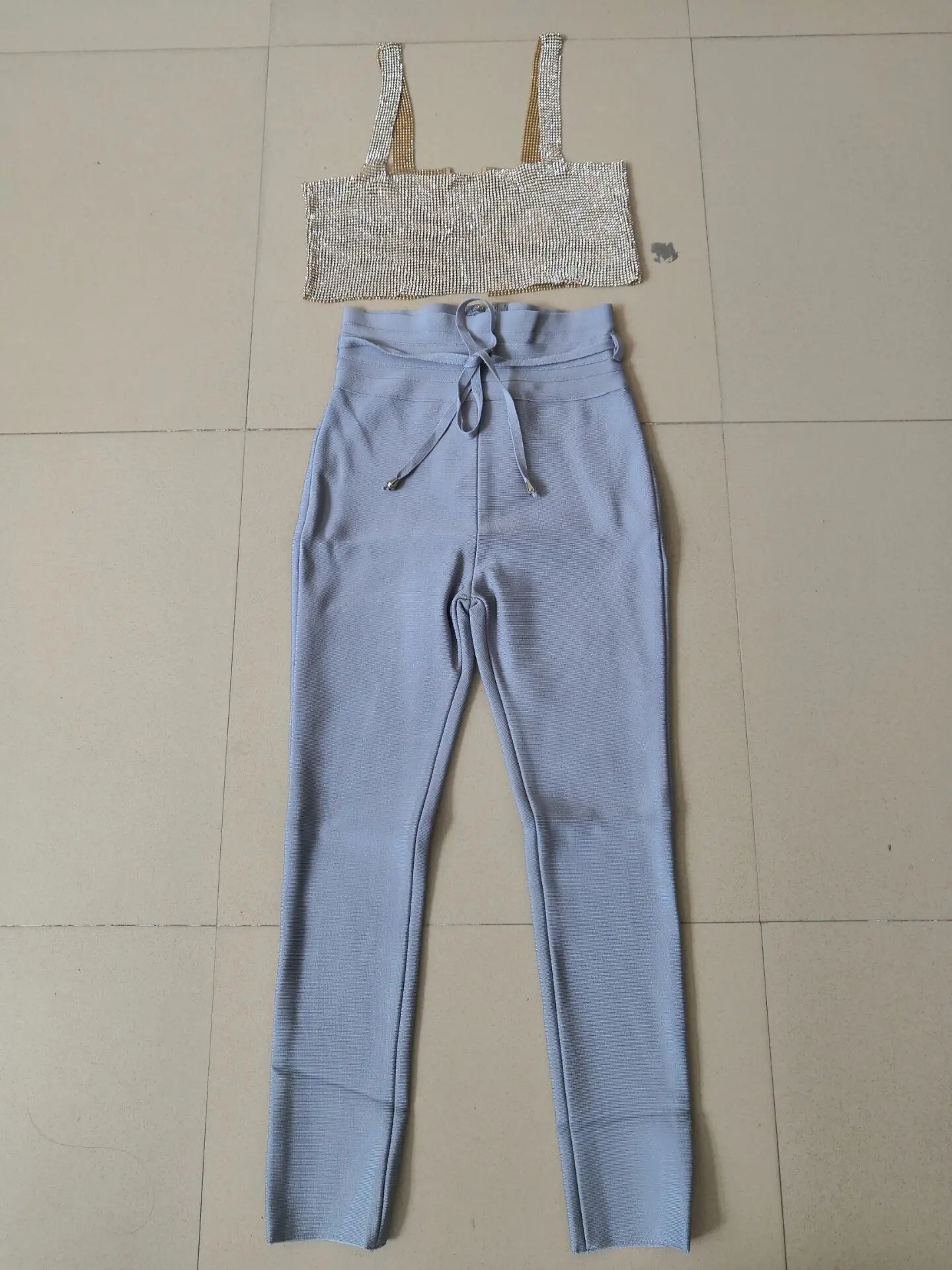 gold top grey pant Комплект знаменитостей из 2 предметов: яркий черный топ высокого качества, бандажный комплект из вискозы, комплект для вечеринок в ночном клубе - Цвет: gold top grey pant