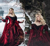 vintage gothic princess medieval burgundy and black wedding dresses long sleeve corset ruffles retro victorian masquerade dress