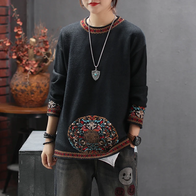 Женский свободный вязаный свитер в стиле ретро Повседневный с круглым вырезом и