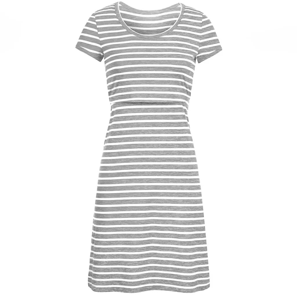 

Pregnant Summer Women O-neck Causal Dresses Pregnant Nursing Maternity Short Sleeve Striped Dress For Breastfeeding Tops 2021