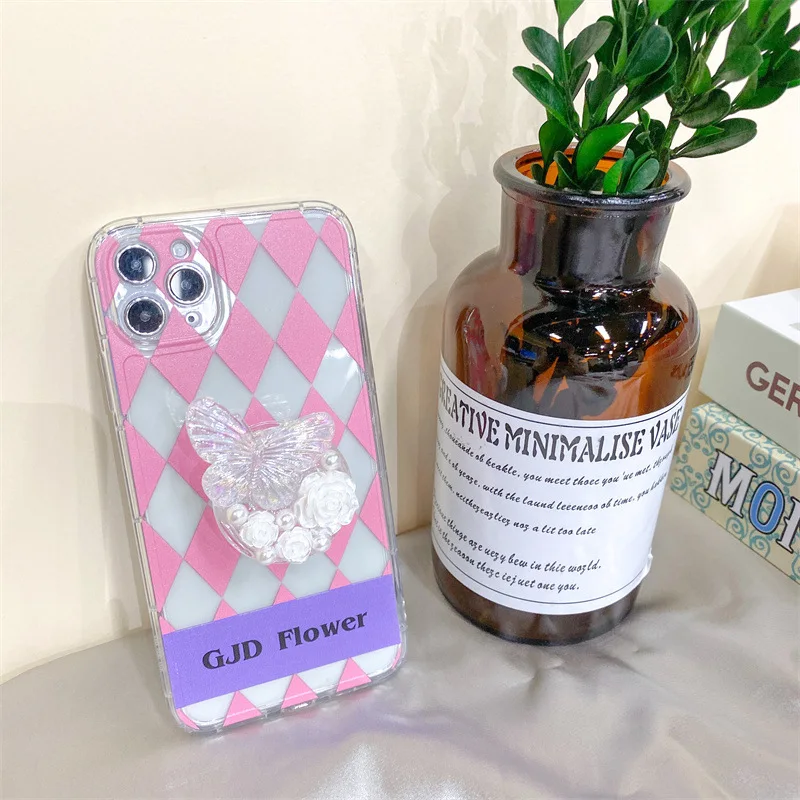 

Folding personality small fresh colorful pearl crystal butterfly transparent lazy phone holder retractable paste type