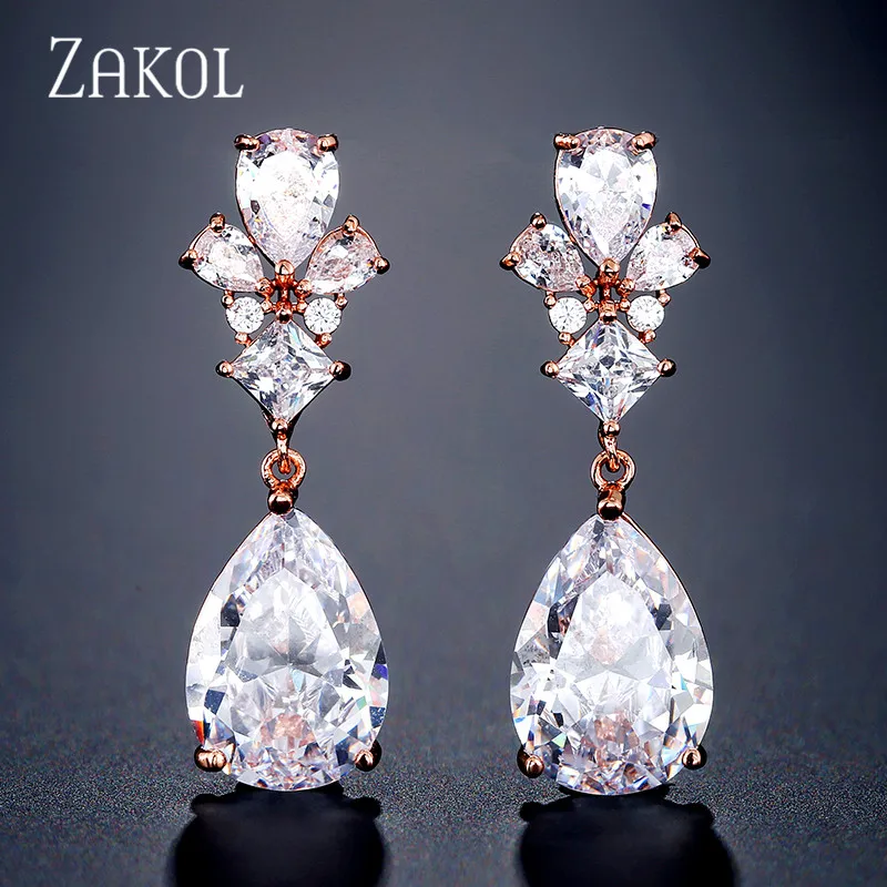 Rose Gold Color Новинка, классические висячие серьги ZAKOL AAA с кубическим цирконием в виде капли воды для женщин, свадебные украшения, подарок на день рождения, FSEP2325 - Окраска металла: Rose Gold Color