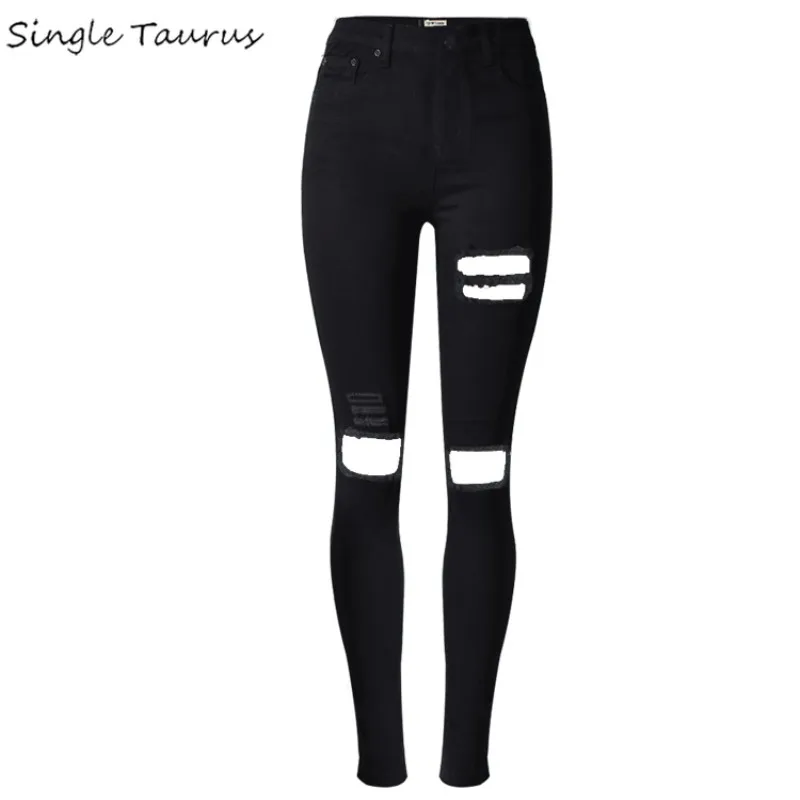 Женские обтягивающие джинсы с высокой талией модные эластичные рваные дырками