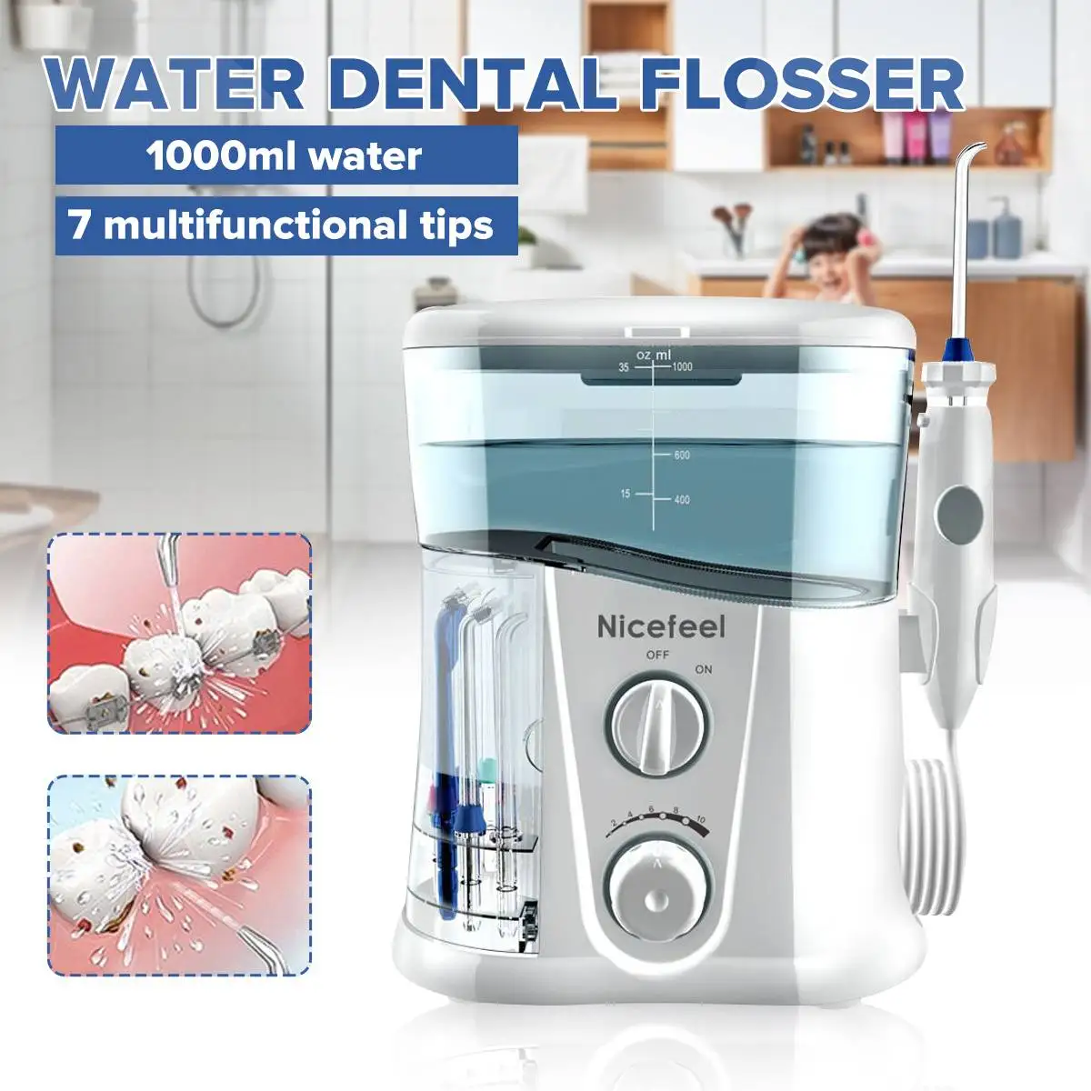 

Nicefeel 1000ML Water Dental Flosser Electric Oral Irrigator Care Dental Flosser Water Toothbrush Dental SPA with 7pcs Tips
