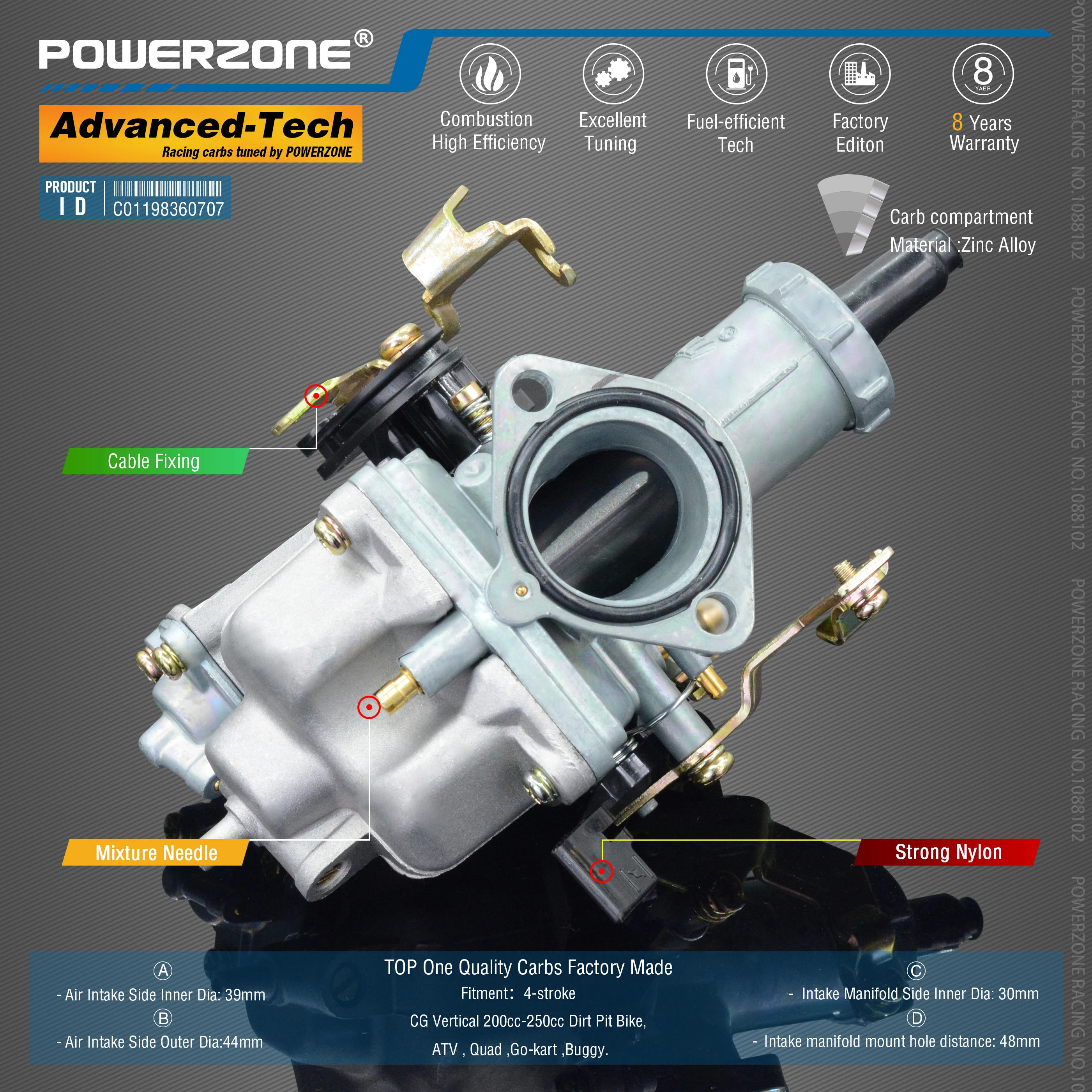 Карбюратор Powerzone PZ30B карбюратор с акселераторным насосом 30 мм CVK для CG Vertical 200cc-250cc