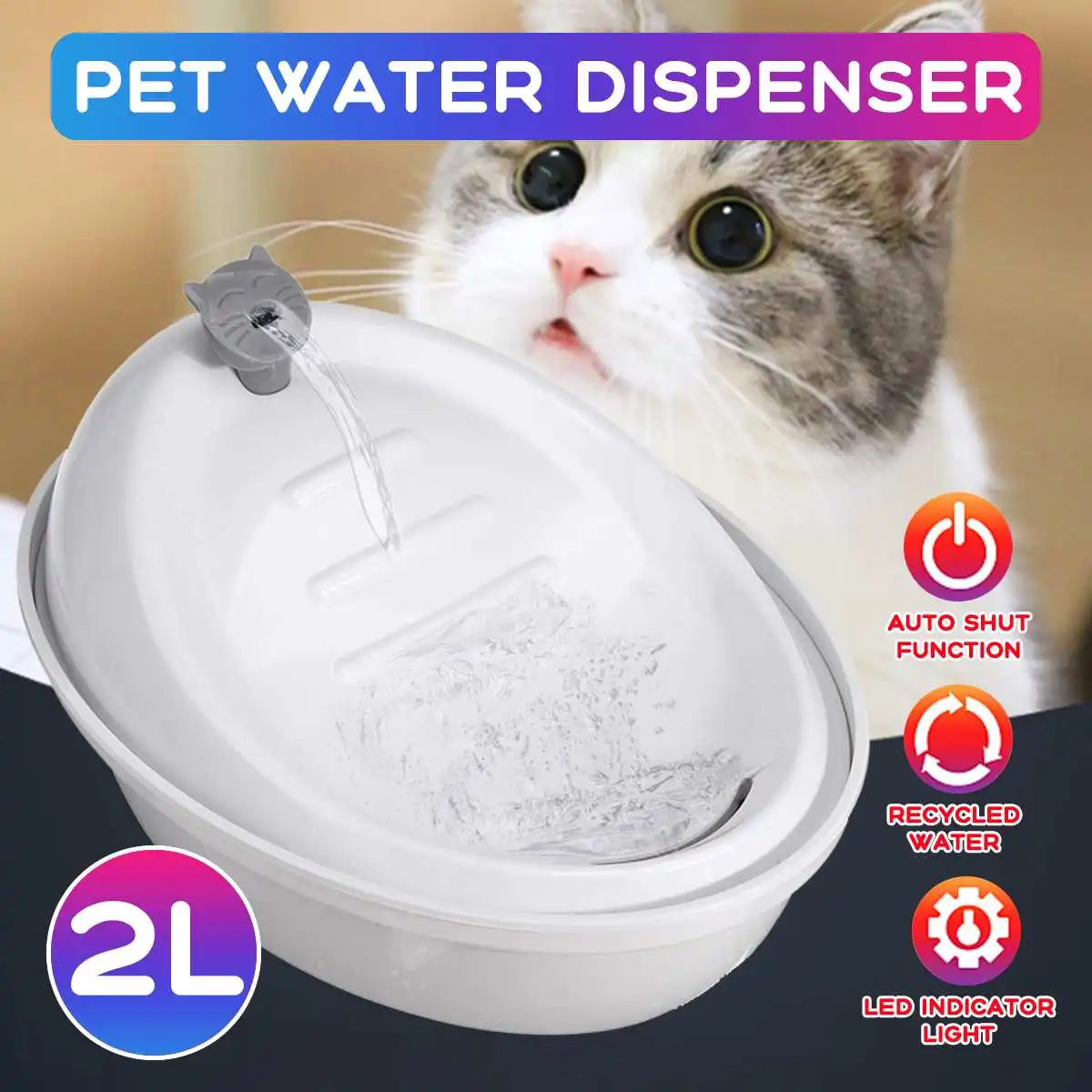 

2L Quiet Automatic Cat Drinking Electronic Water Fountain Circulating Water Dispenser Pet Dog Bowl with Filtration Without Spill