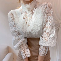 petal sleeve stand collar hollow out flower lace patchwork shirt femme all match women lace blouse button white top