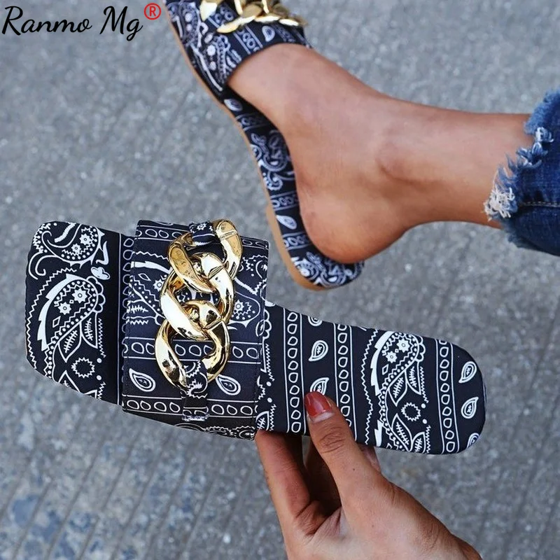 

Women Summer Beach Sandals Flats Shoes Printed Woman Pu Leather Plus 43 Flip Thong Gothic Chain Sandalias Mujer Sapato Feminino