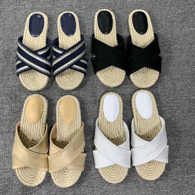 

Ladies Slippers 2021 Summer Embroidery Flats Woven Hemp Rope Bottom Fisherman Shoes Women Apricot Flat Casual Slides Home Shoes