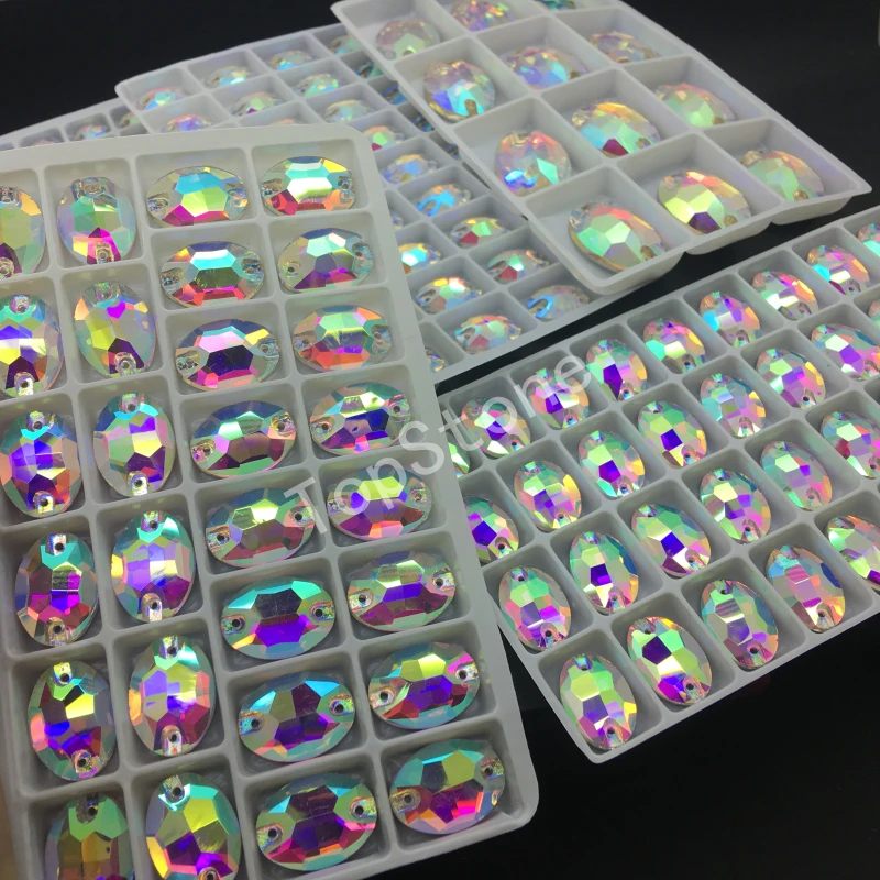 Стразы с овальным кристаллом TopStone 2 отверстия прозрачный цвет AB Размер 7x10 мм 10x14