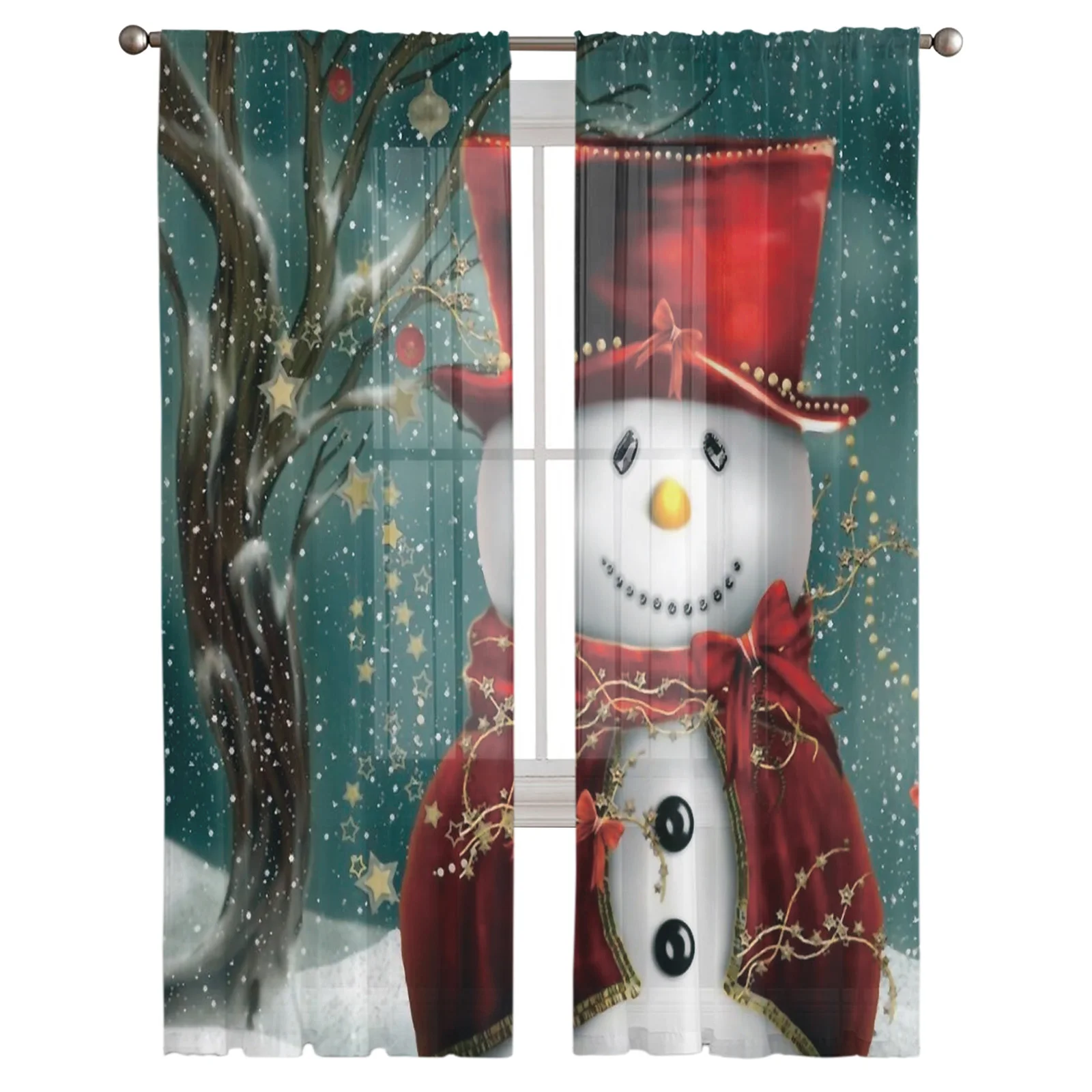 Рождественские снеговики красная шляпа ветки прозрачные шторы рождественские