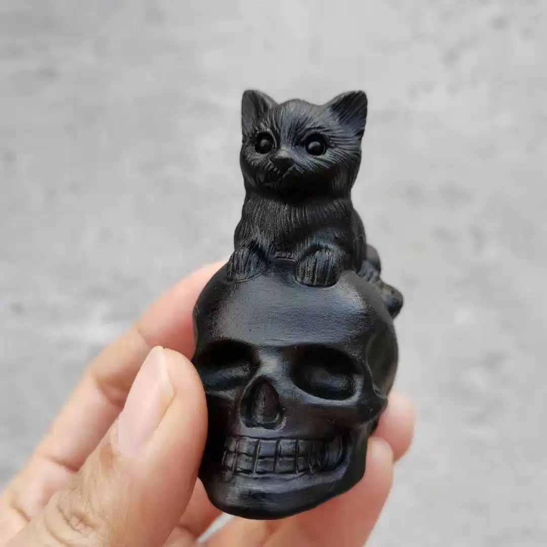

Natural Hand Carved Black obsidian skull and Animals sculptures Reiki Healing Stone Statue