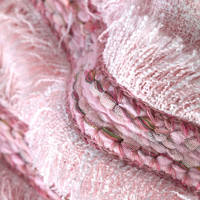 

High Quality Luxury Womens Jacket Fashion V-Neck Long Sleeve Pocket Outerwear Female Slim Fit Double Breasted Tweed Tassel Coat