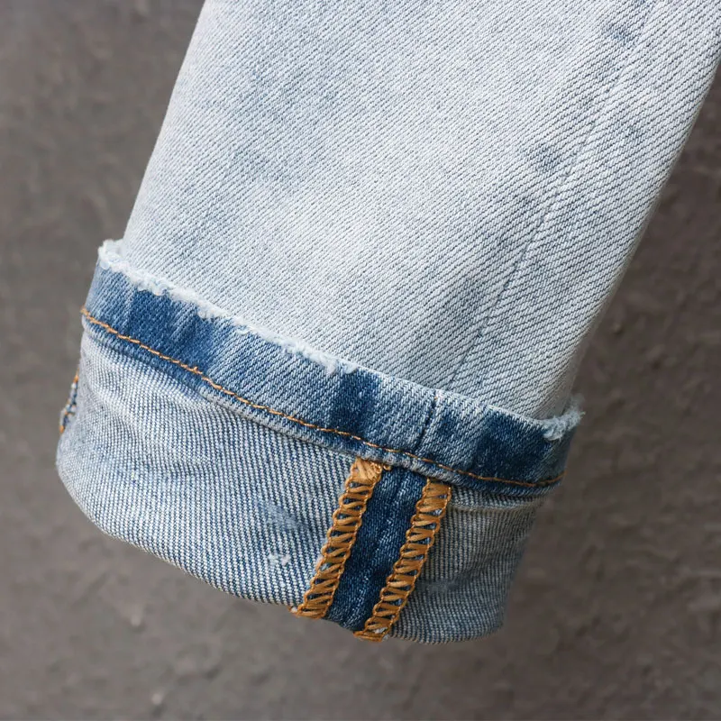 

Fashion Streetwear Men Jeans High Quality Slim Fit Light Blue Destroyed Ripped Jeans Men Punk Pants Brand Designer Hip Hop Jeans