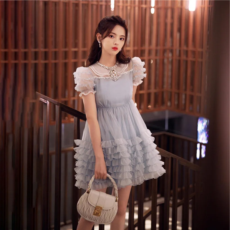 

Cute Ball Gown Dress for Women 2021 Summer Dress Crystal Beaded Doll Collar Short Puff Sleeve Cascading Ruffles Mini Cake Dress
