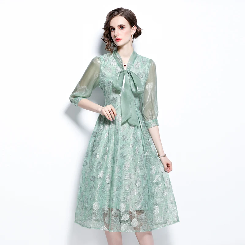 

Women Summer Designer Elegant Stand Collar Lace-Up Bow Sexy Slim Casual Cocktail Party Robe Female Vintage Lace Dress Vestidos