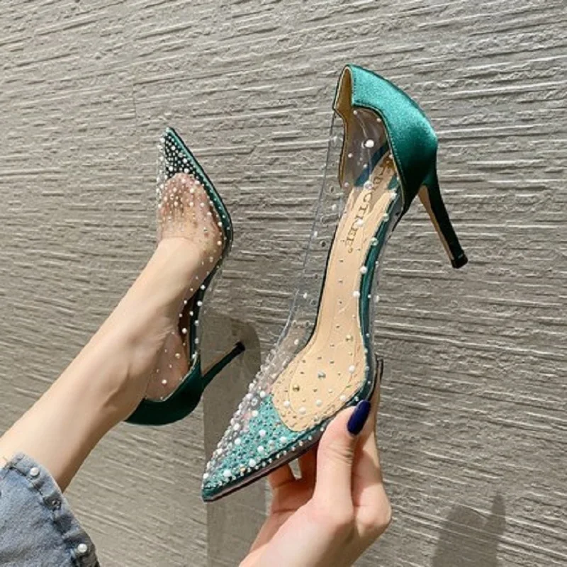 

Spring transparent rhinestone stiletto high-heeled pearl bridal wedding shoes pointed banquet dress satin stitching women's shoe