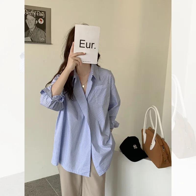 Рубашка женская в винтажную синюю полоску модная офисная блузка с длинным