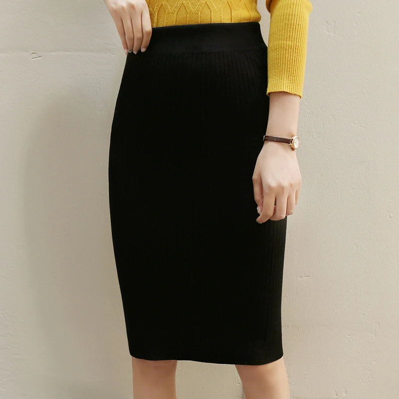 

Autumn Sexy Multi Color knitting Midi Pencil Skirt Women 2022 Fashion Elastic High Waist Office Lady Bodycon Skirts Saias