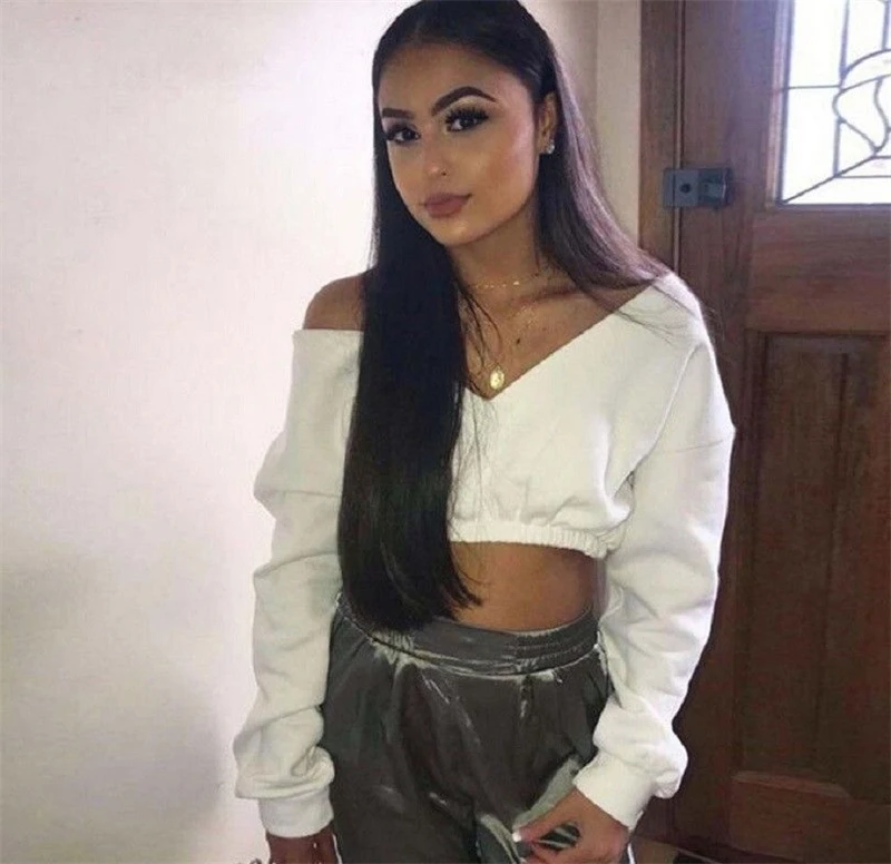 

New Autumn Fashion Sexy Women Crop Hoodies Long Sleeve Casual Female Cotton Sweatshirts Deep-V Neck Off Shoulder Street Wear