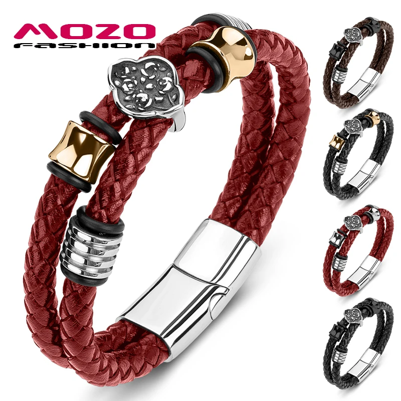 

MOZO Dropshipping 2021 New Men Trendy Bracelets Genuine Leather Stainless Steel Fower Punk Bangle Women Wholesale Jewelry 194