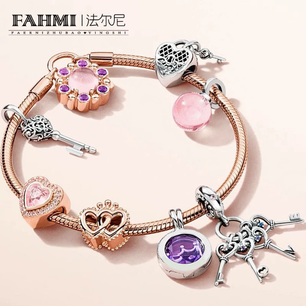 

FAHMI 100% 925 Sterling Silver Heart Beaded Crown Key Hanging Charm Rose Gold Bracelet Gift Set Women Fashion Jewelry